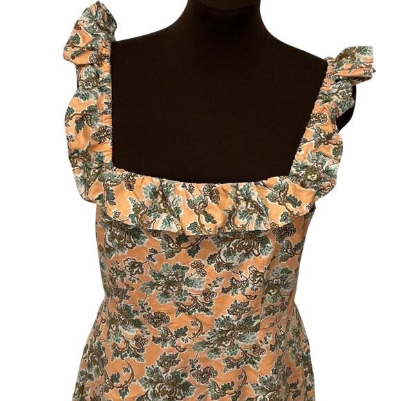 Ann Taylor Peach Green Cotton Linen Floral Ruffle Summer Fit Flare Dress Size 10 - Picture 3 of 10